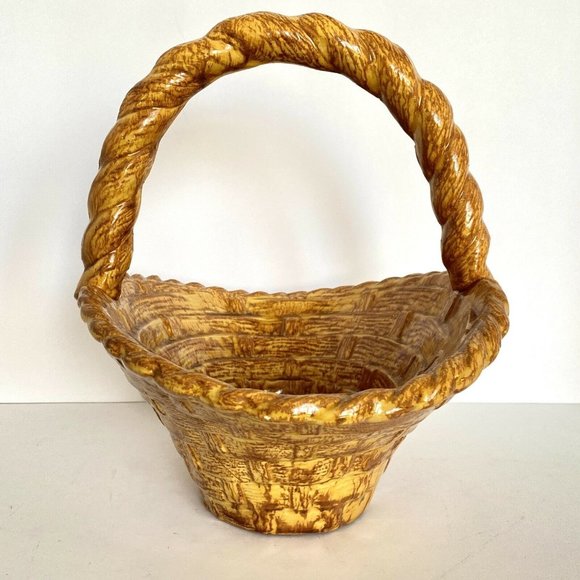 1970s Ceramic Wicker Basket Brown Yellow Twist Handle - Picture 4 of 8